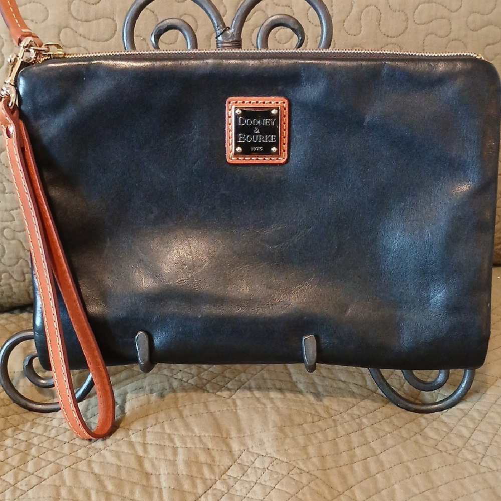 Dooney & Bourke Black Leather Wallet/Wristlet with Tan Strap
